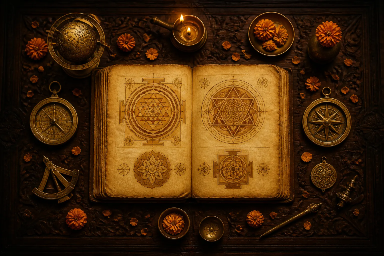 Ancient Sanskrit manuscript with Vedic numerology diagrams lit by warm candlelight