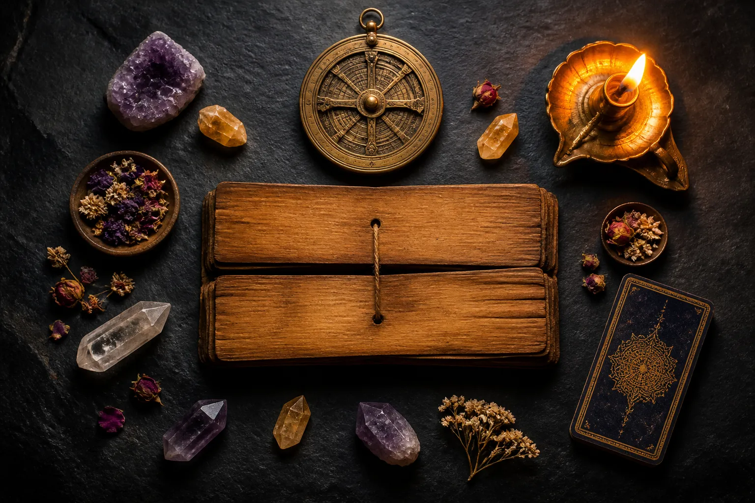 Overhead flat-lay of Vedic consultation tools: palm-leaf manuscript, brass astrolabe, raw crystals, and an oil lamp