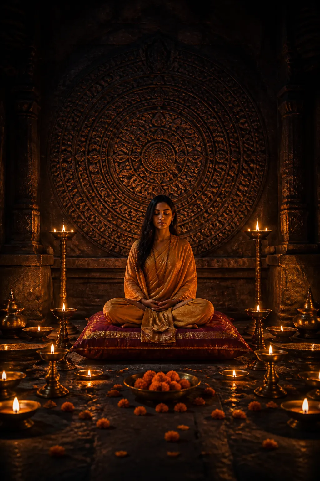 A practitioner seated in a serene Vedic consultation space surrounded by golden lamplight and mandala stone carvings