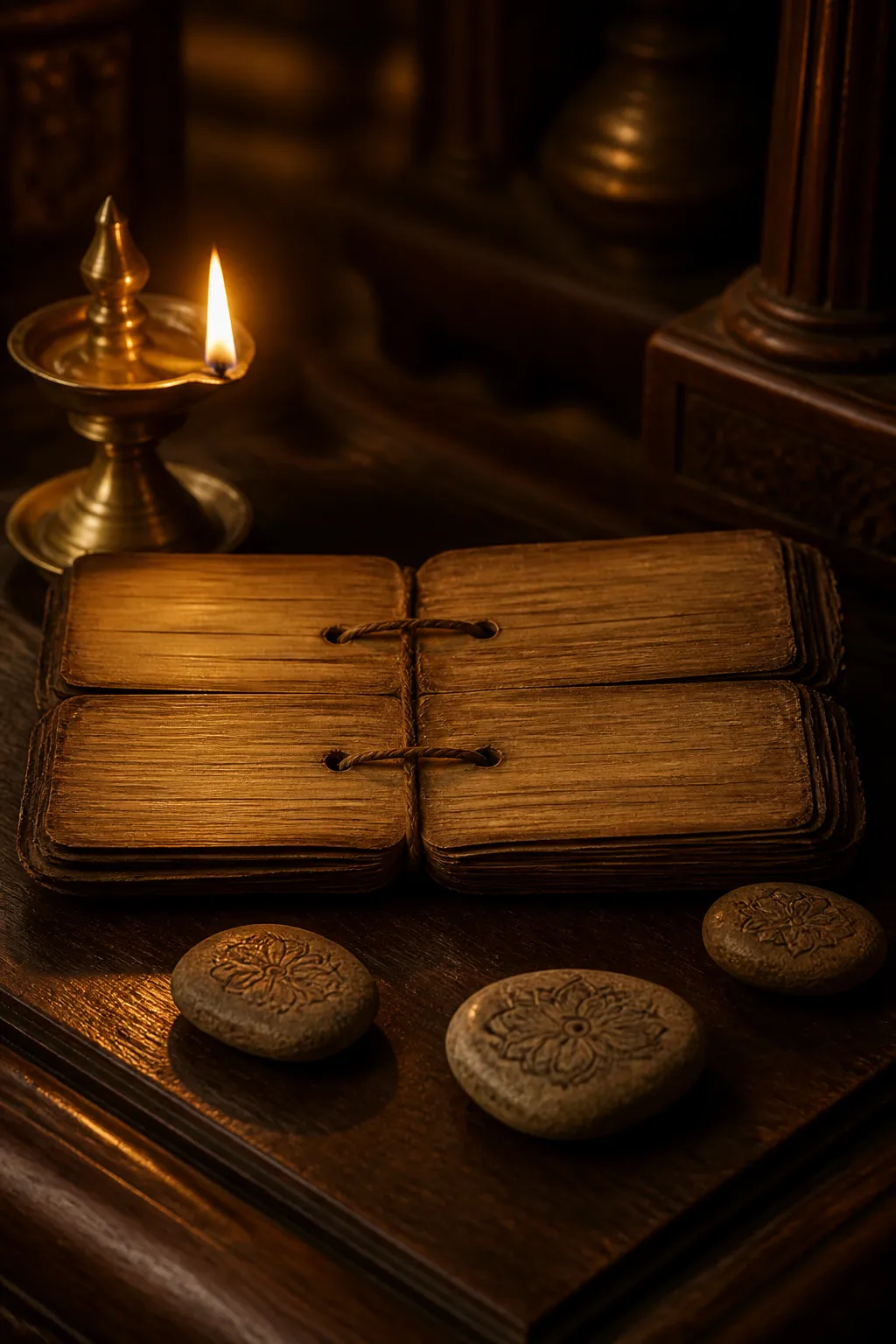 Ancient Vedic manuscript and brass lamp representing sacred knowledge and careful preservation