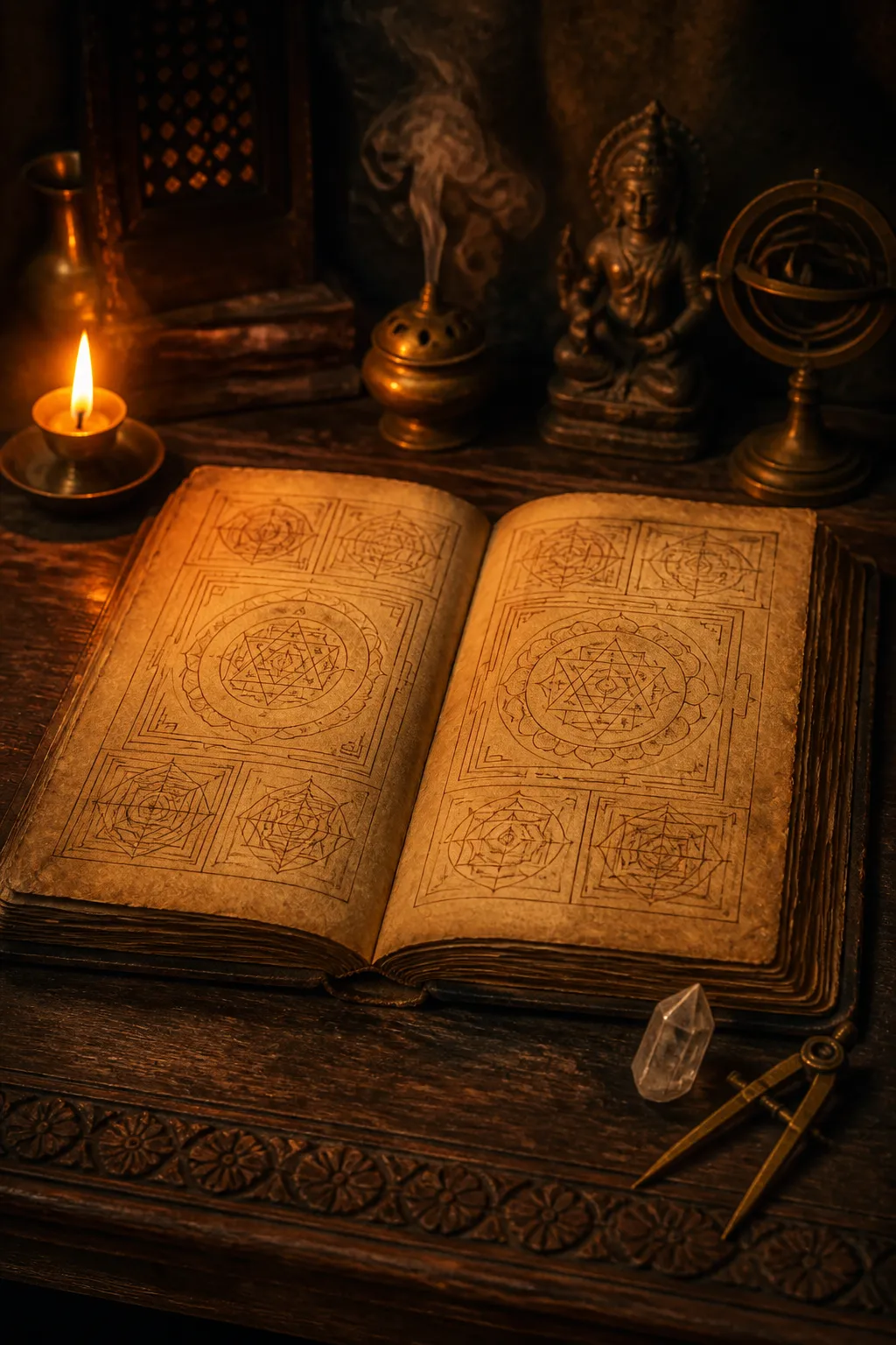 Ancient Vedic numerology and Vastu manuscripts with ceremonial instruments